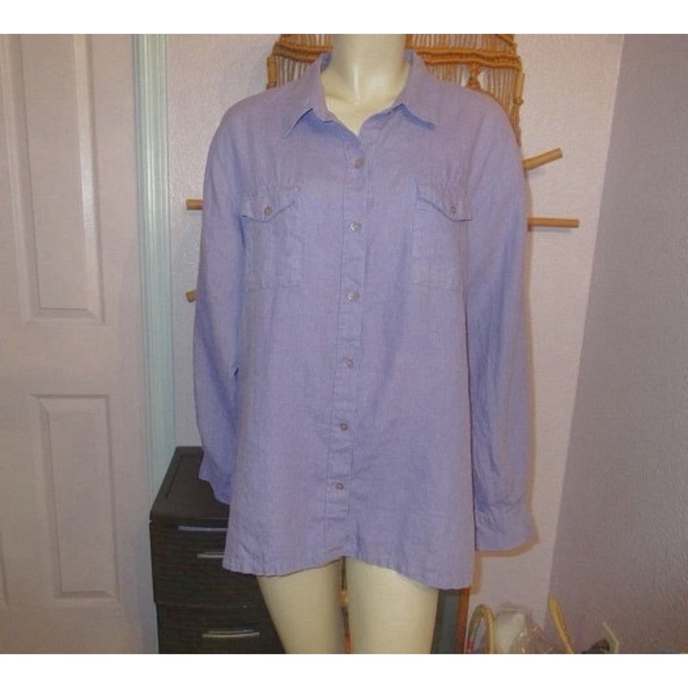 Chico's Linen Button Up Top Size 3 XL Tunic Pockets Purple Oversized Coastal NEW